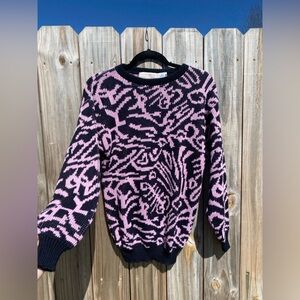 Abstract 80s Funky Retro Print Chunky Knit Sweater: Knitted/ Geometric/ Artsy